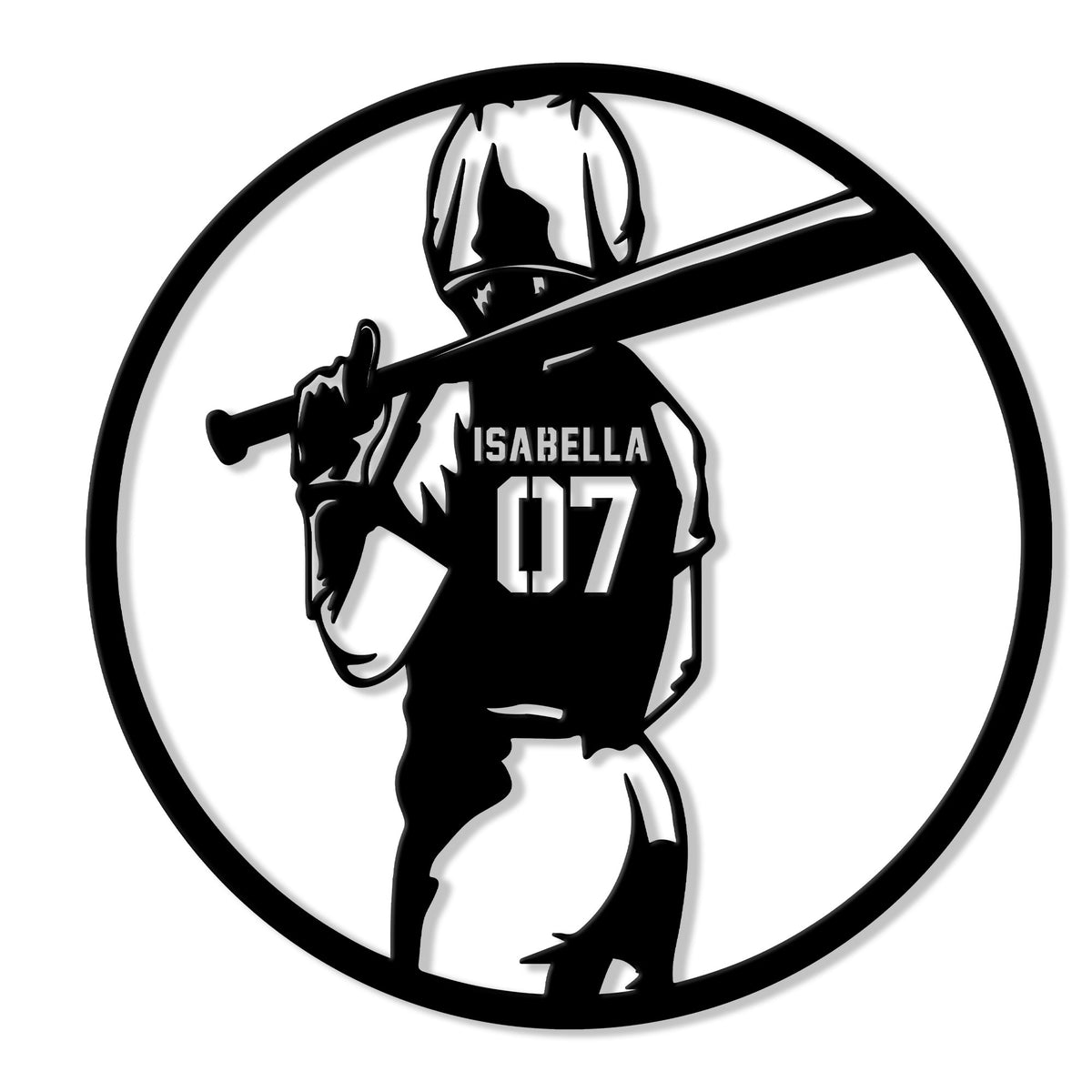 Circular softball metal sign featuring a helmeted player holding a bat in a bold black silhouette