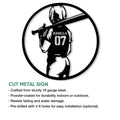 Softball player silhouette metal sign shown as a cut steel wall accent with a bat and helmet design