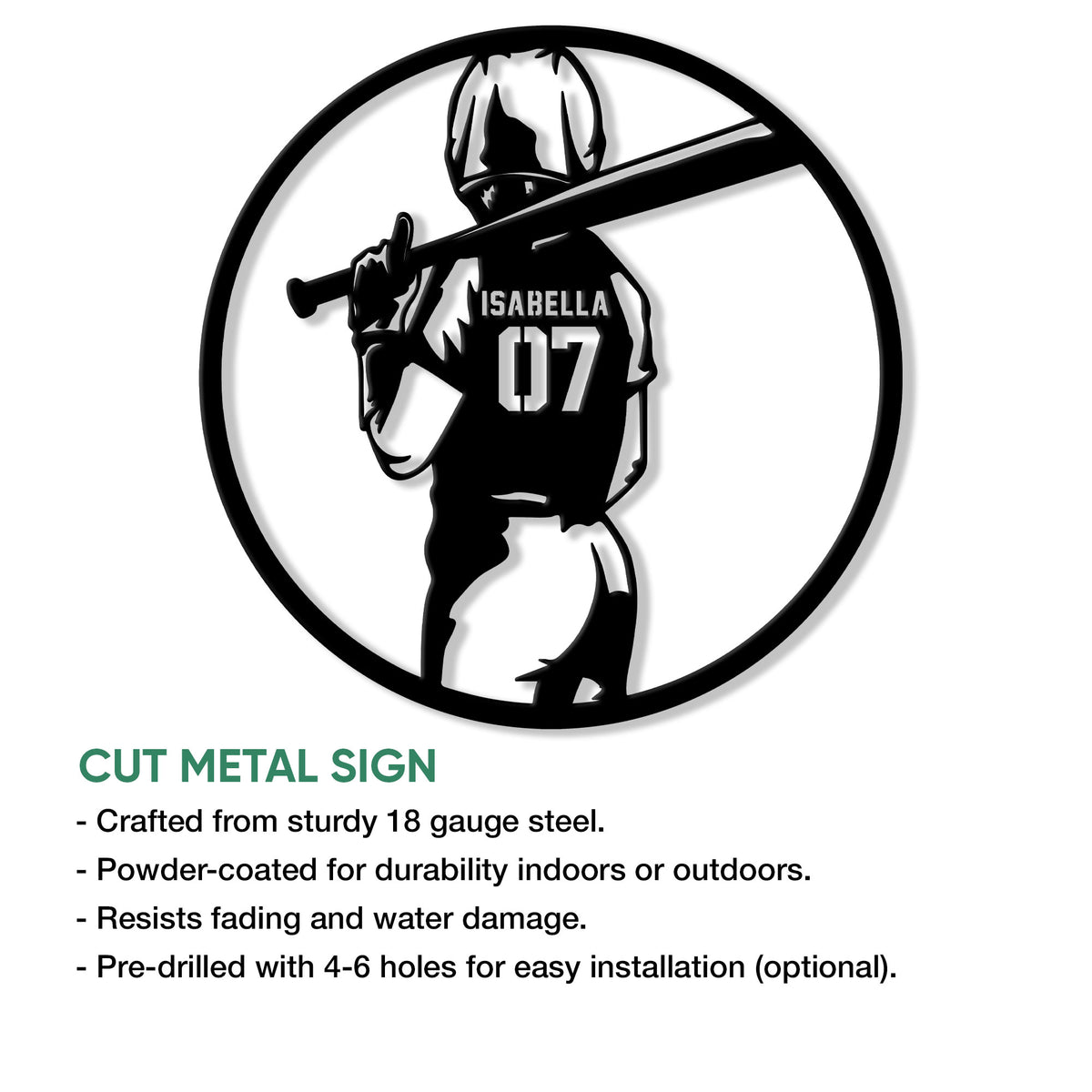 Softball player silhouette metal sign shown as a cut steel wall accent with a bat and helmet design