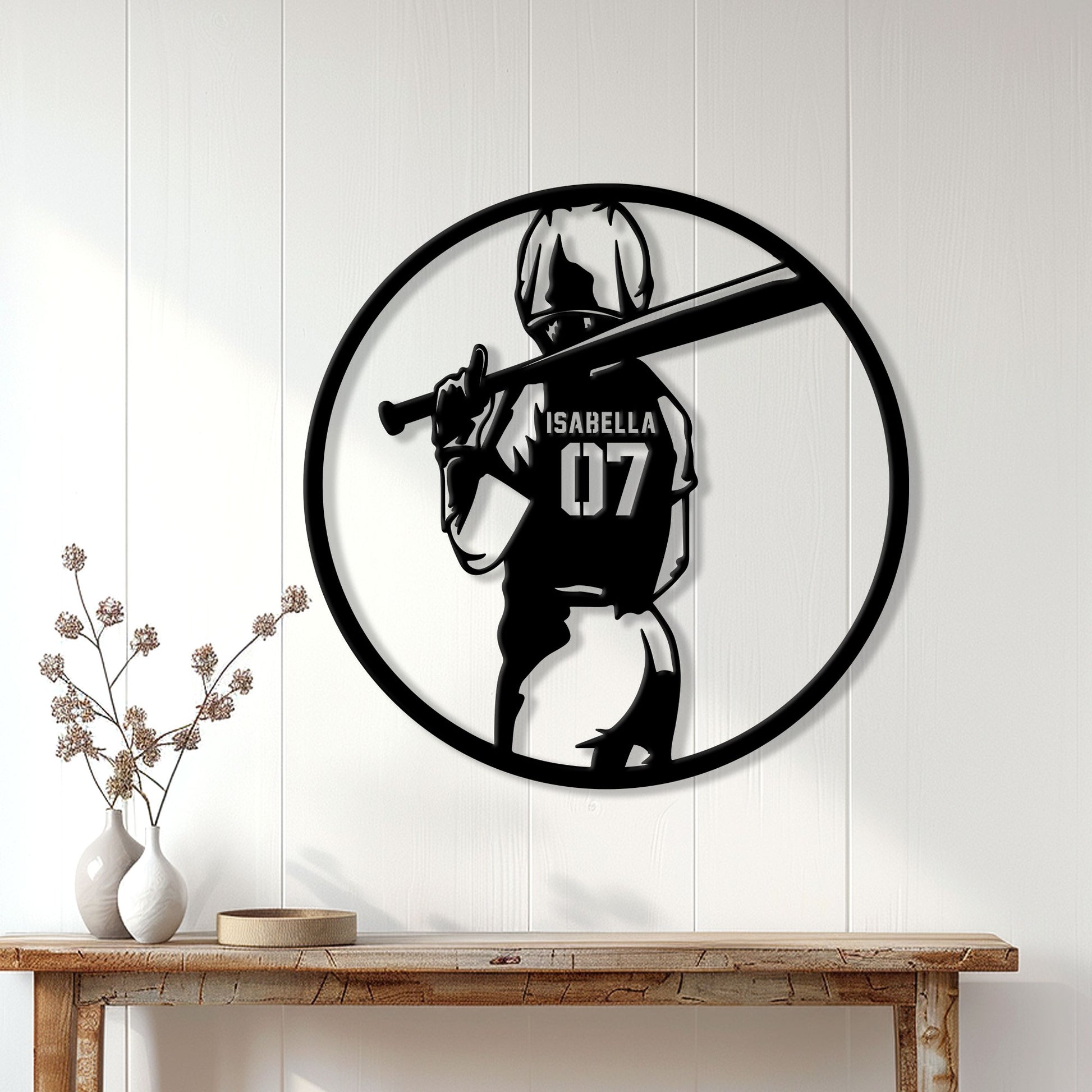 Custom softball wall sign displayed on a white paneled wall in a bright home decor setting