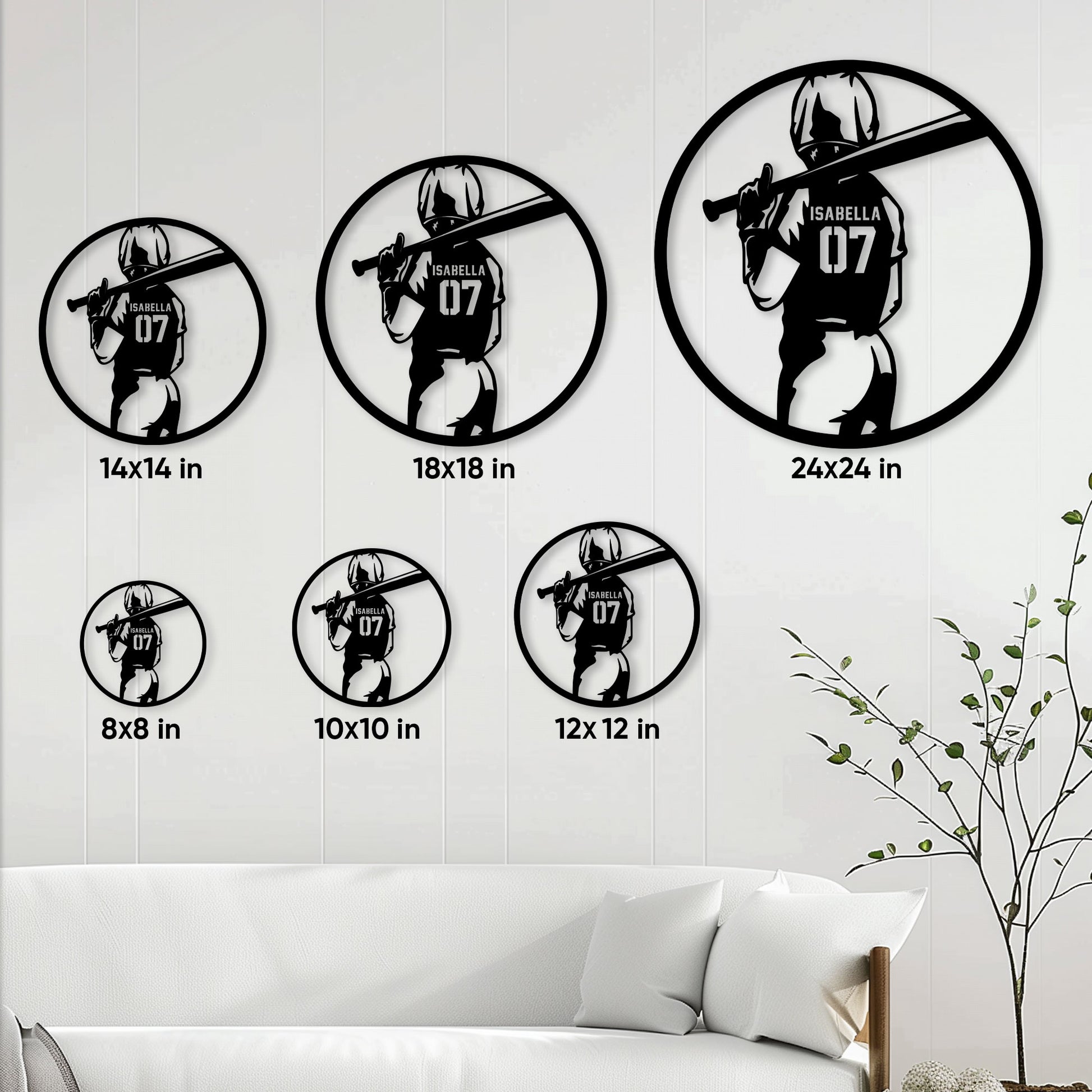 Softball metal sign size guide showing round designs available in sizes from 8 by 8 to 24 by 24 inches