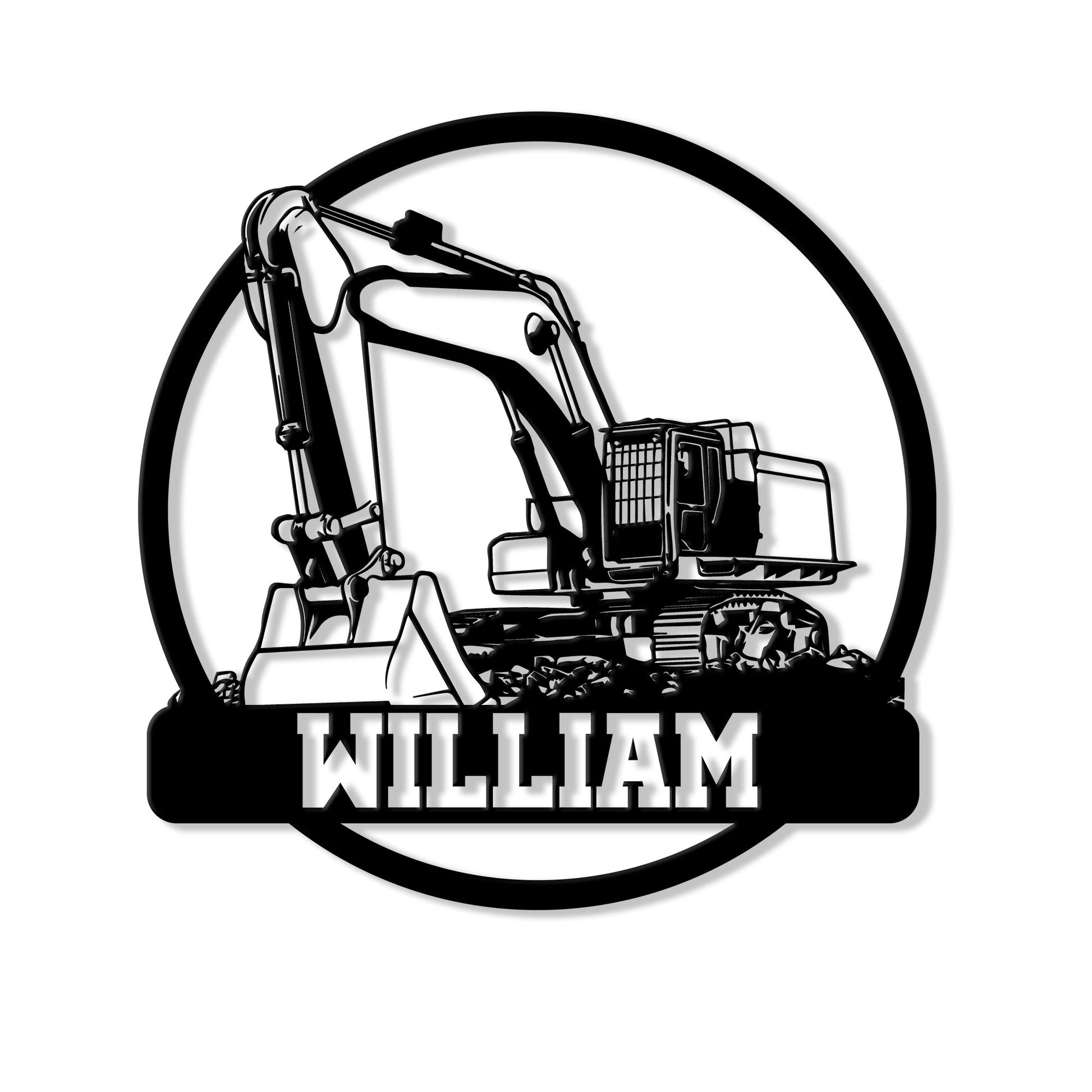 Custom excavator metal sign featuring a detailed tracked construction machine in a bold circular design