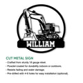 Excavator metal sign shown with cut-metal construction and indoor or outdoor display features