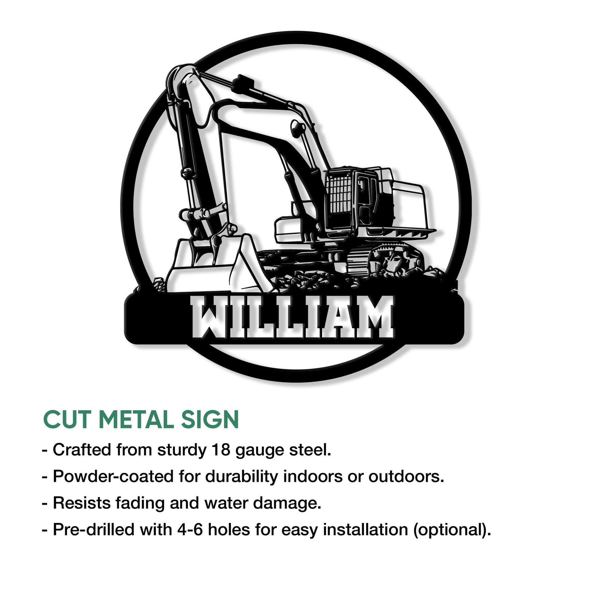 Excavator metal sign shown with cut-metal construction and indoor or outdoor display features