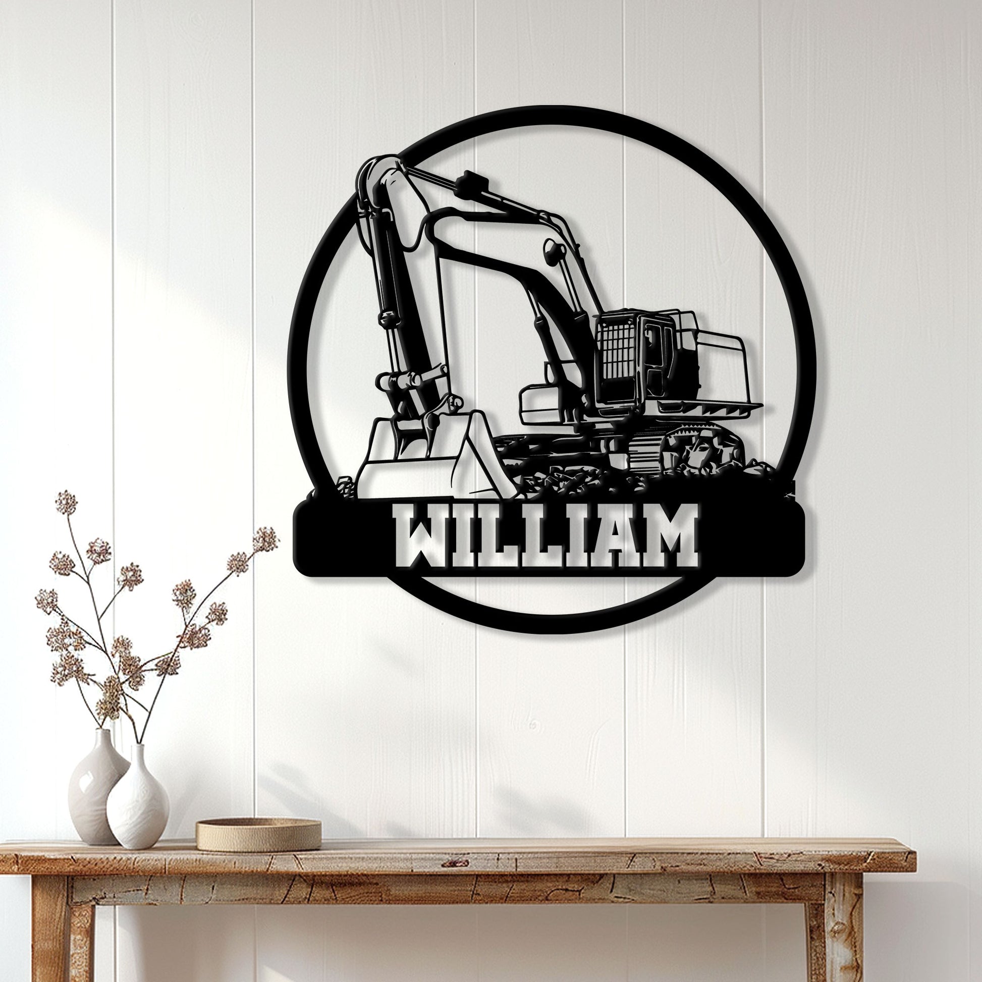 Excavator wall sign styled in a bright modern room above a console table as construction decor
