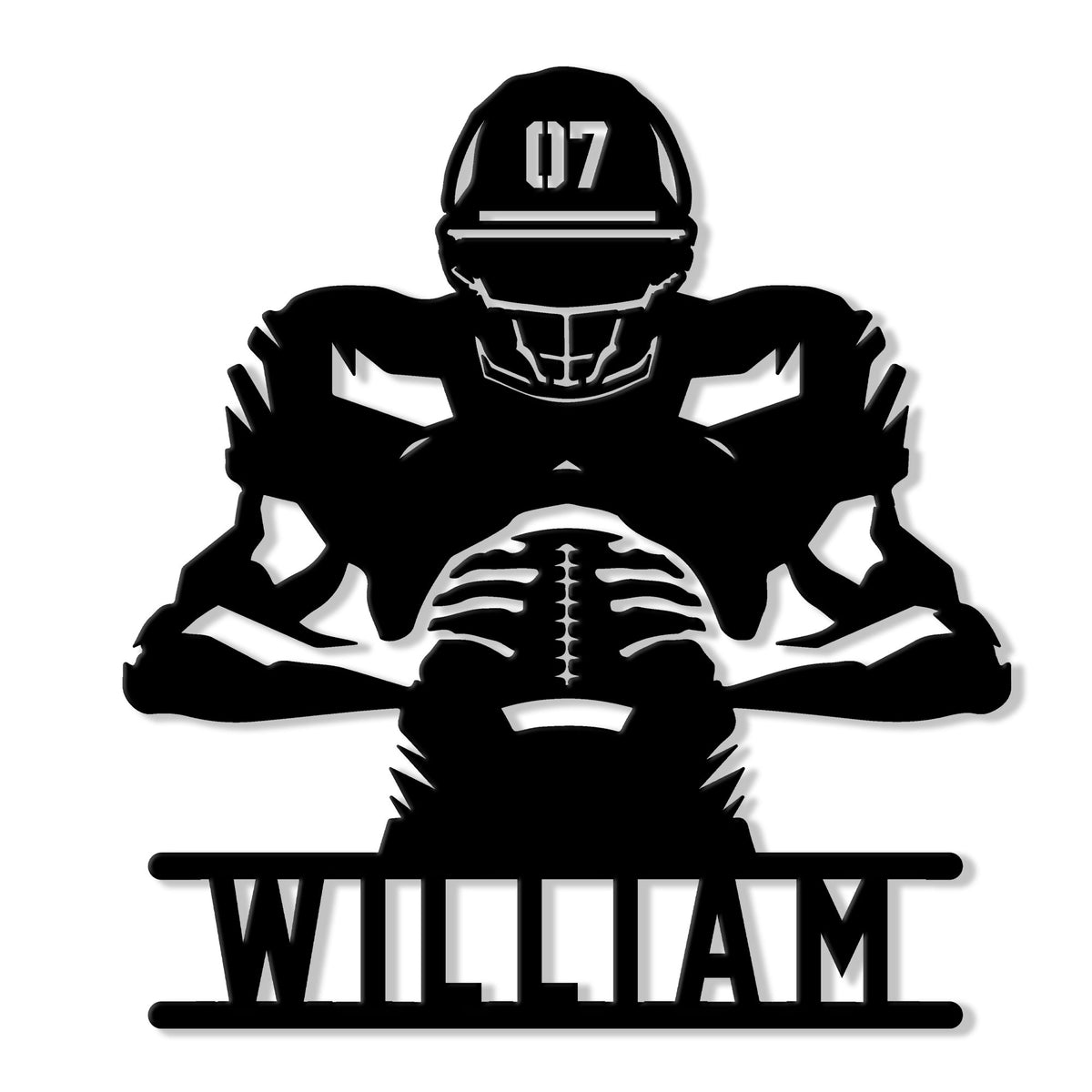 Stylized football player skeleton metal sign with helmet, shoulder pads, football, and bold silhouette design
