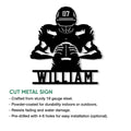 Football skeleton metal sign shown in a product feature presentation with a bold sports silhouette