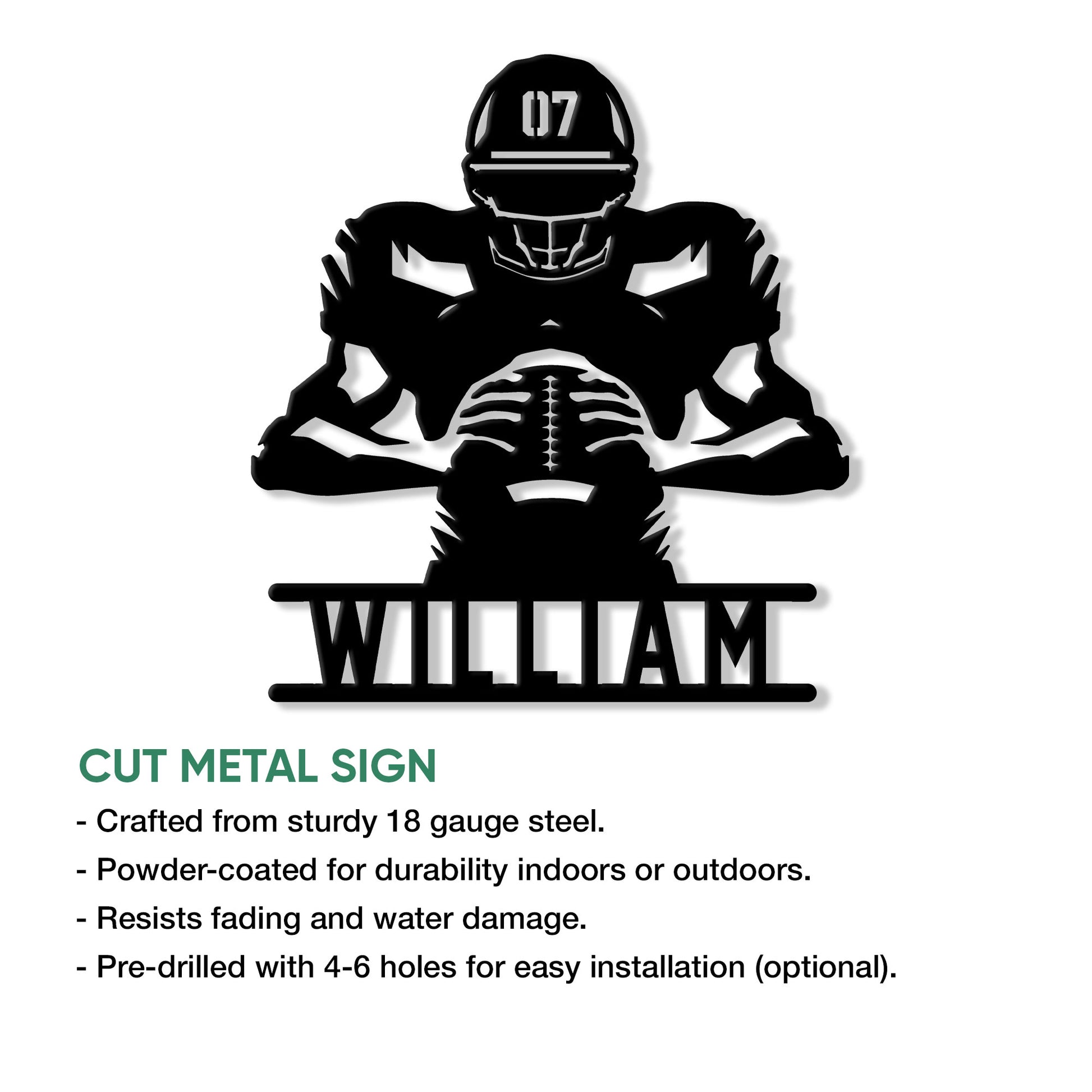 Football skeleton metal sign shown in a product feature presentation with a bold sports silhouette