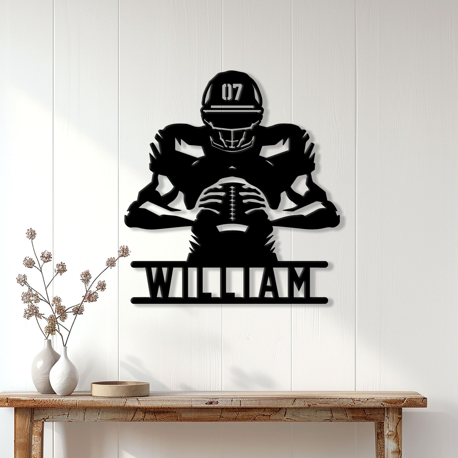 Football player skeleton metal sign displayed as striking wall decor in a bright modern living space