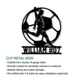 Soccer player cut metal sign shown with product feature details for indoor or outdoor display