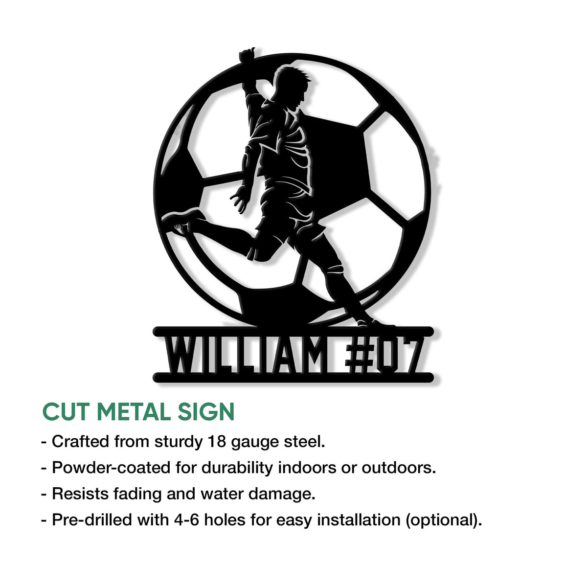 Soccer player cut metal sign shown with product feature details for indoor or outdoor display