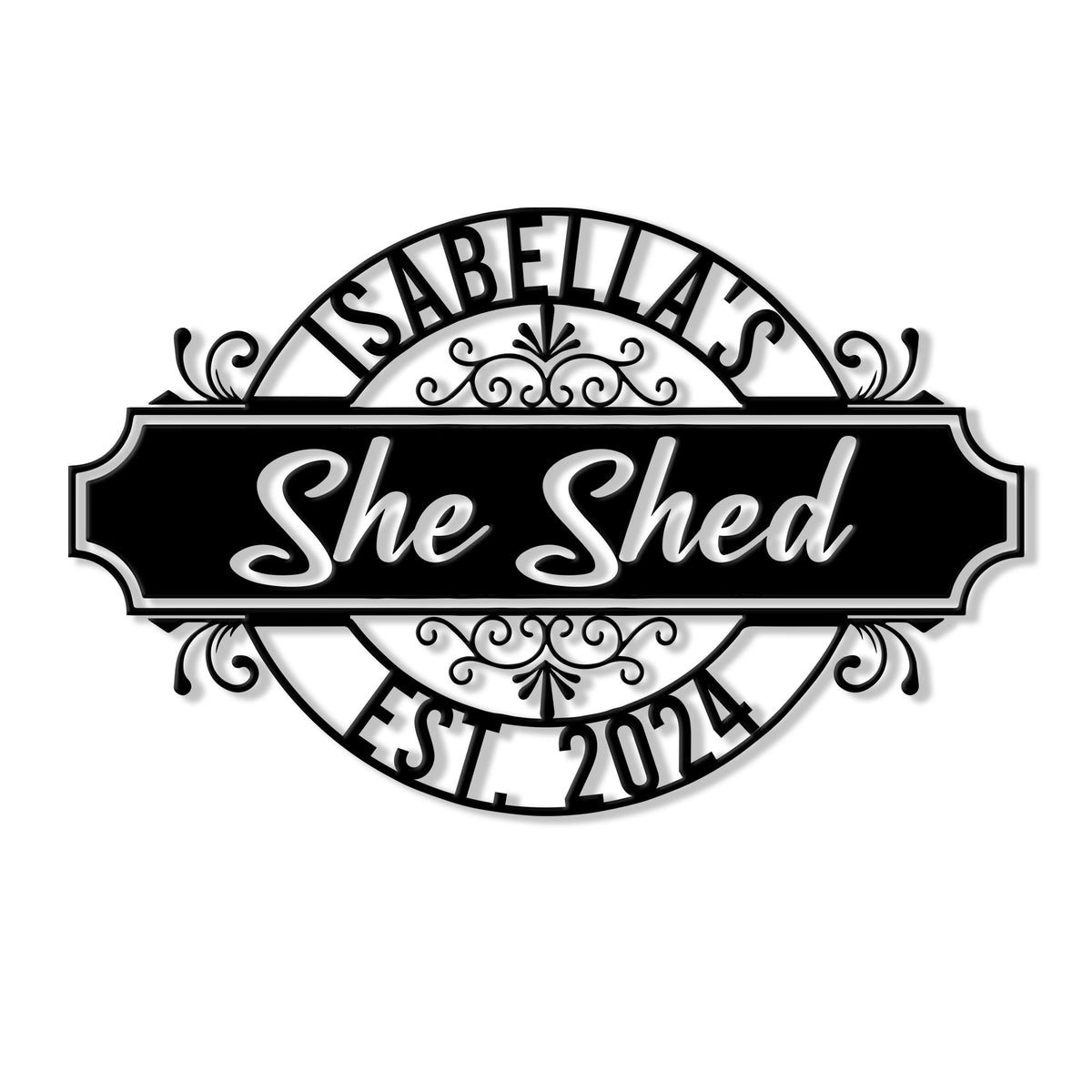 Custom She Shed metal sign with ornate scrollwork and a bold black plaque design