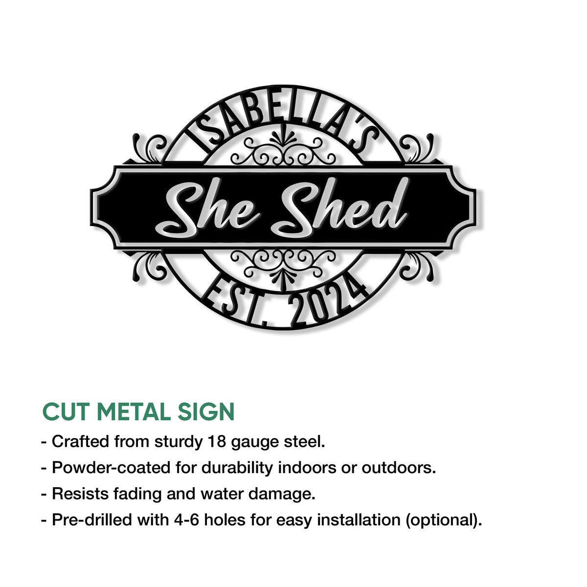 She Shed metal sign feature graphic showing cut-steel construction and hanging options
