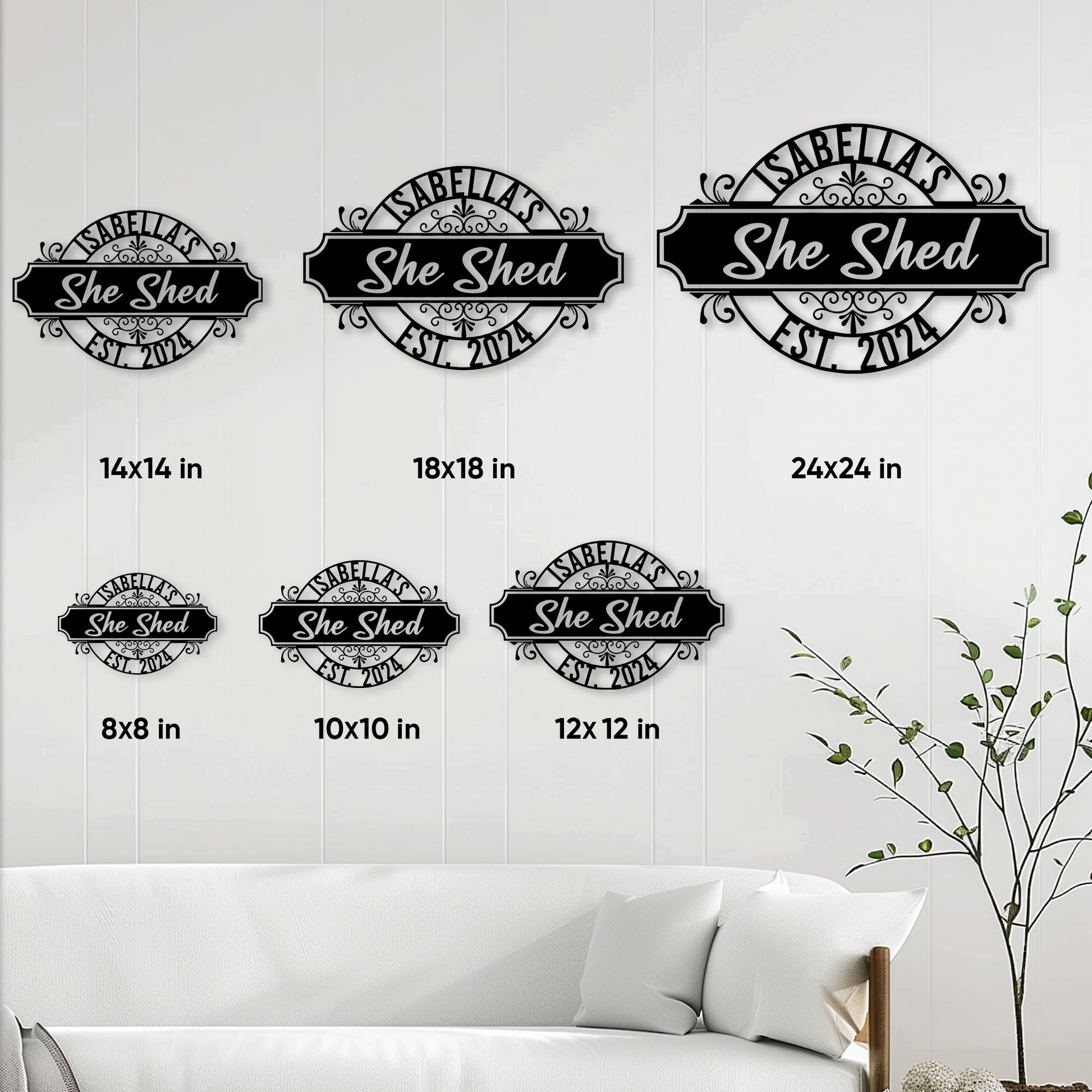 She Shed metal sign size guide showing six available square dimensions