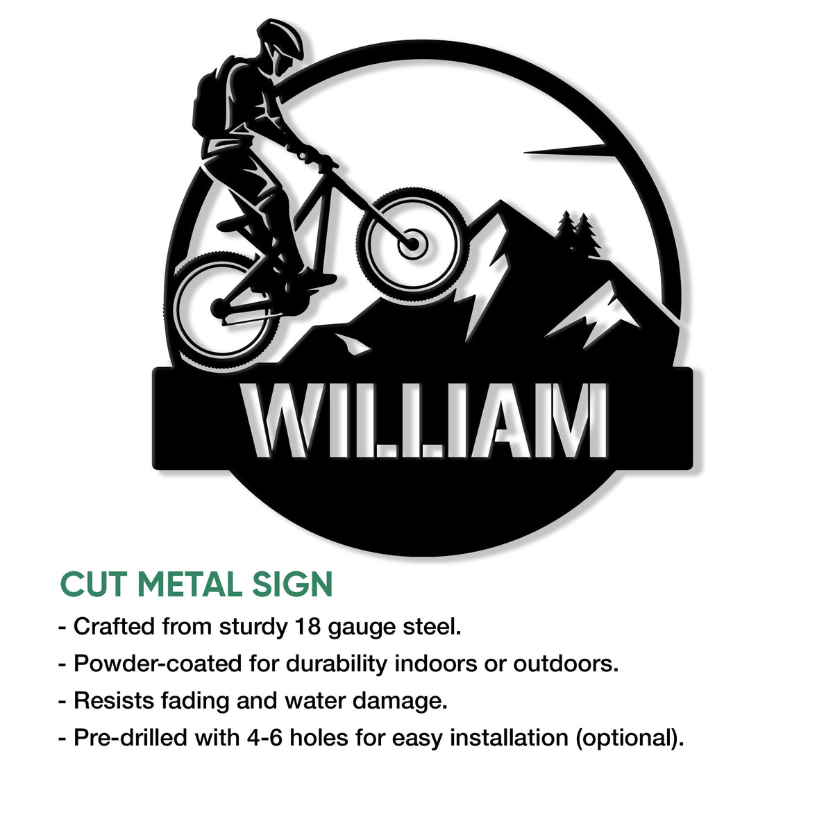 Cut metal mountain biking sign with a rider, bicycle, mountain silhouette, and outdoor adventure design
