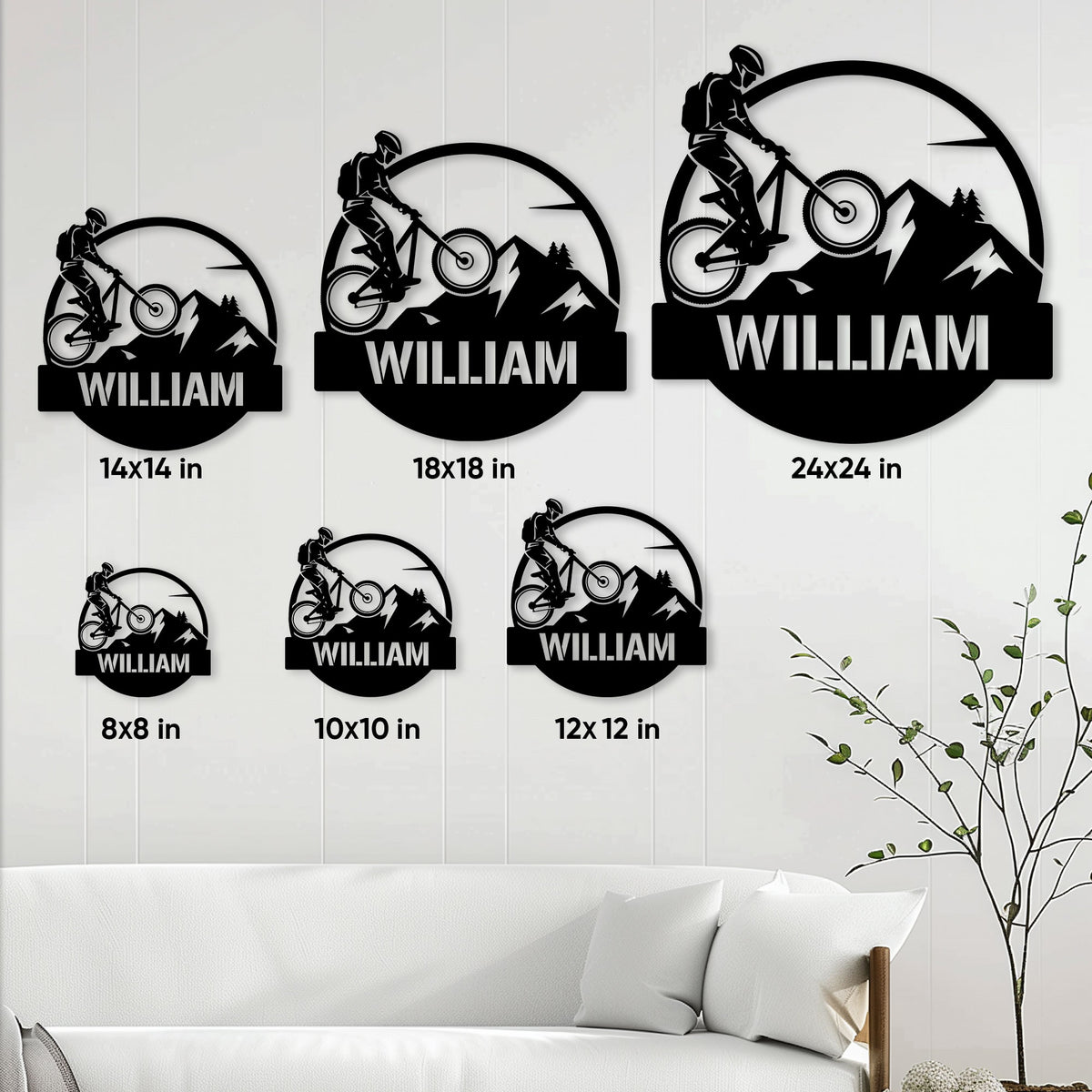 Mountain biking metal sign size guide showing options from 8 by 8 inches to 24 by 24 inches