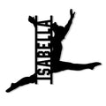Black gymnast silhouette performing a split leap beside vertical bars on a custom metal sign