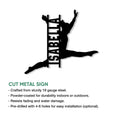 Gymnastics metal sign feature graphic showing a split-leap silhouette and cut metal design