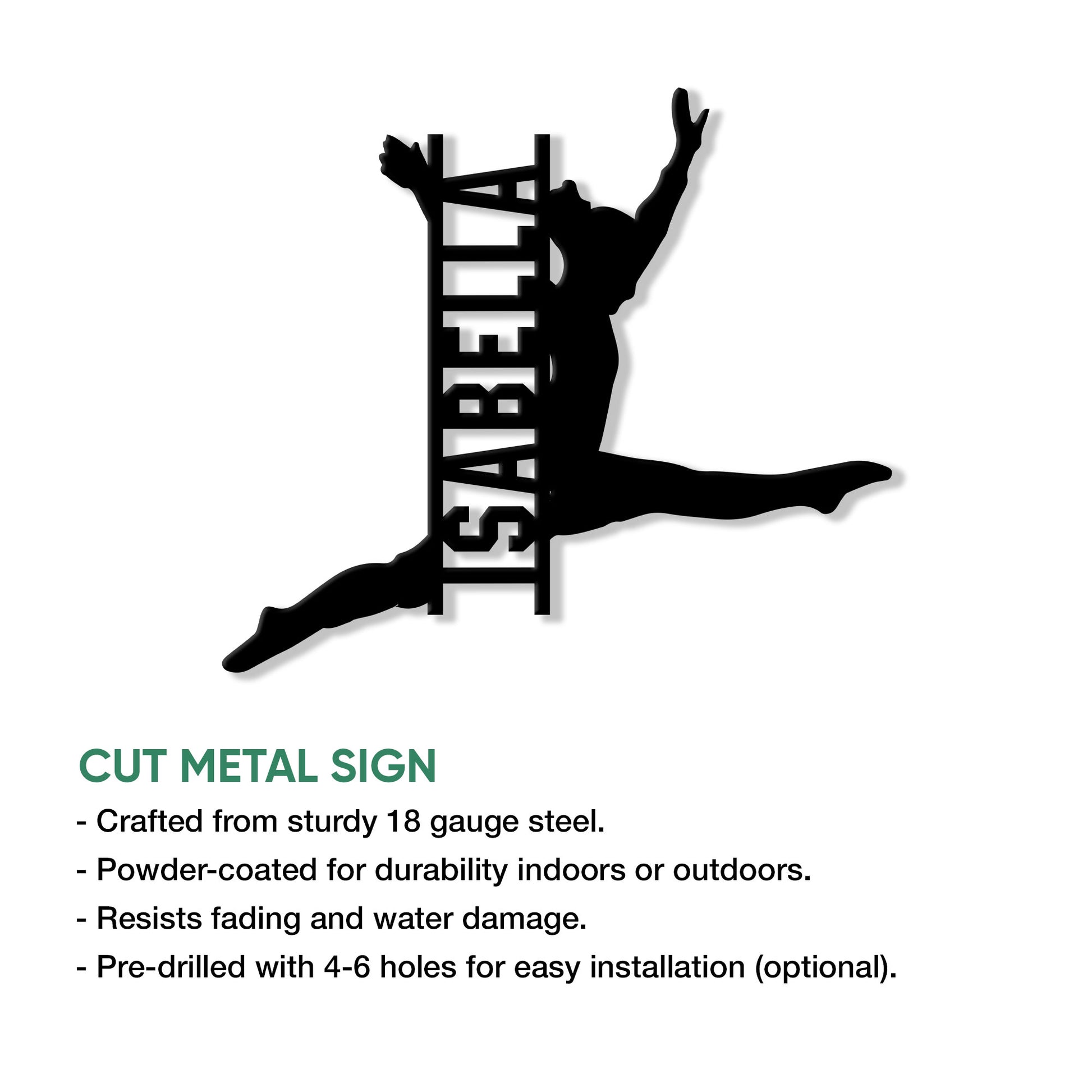 Gymnastics metal sign feature graphic showing a split-leap silhouette and cut metal design