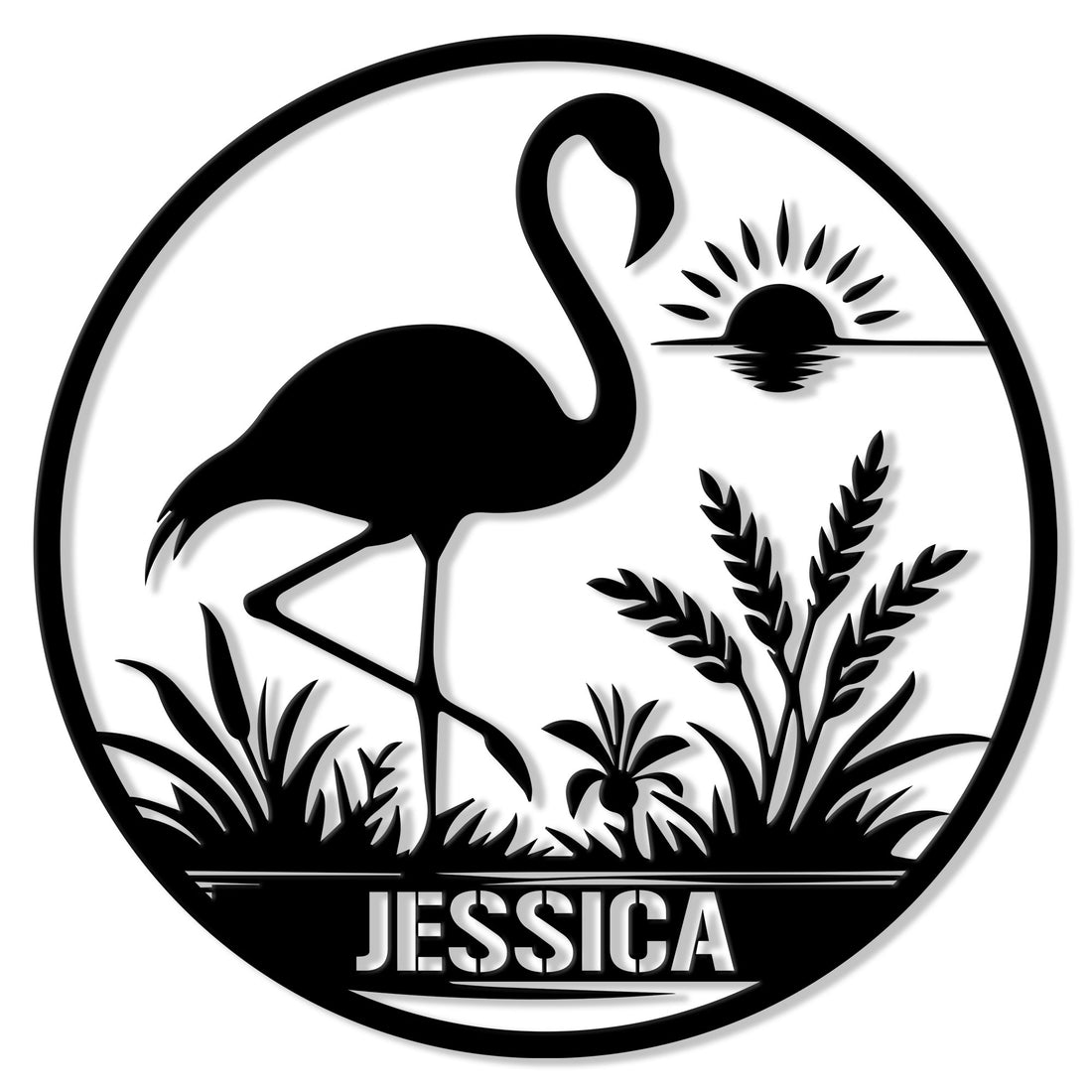 Round flamingo metal sign featuring a bold bird silhouette, sunrise, water, reeds, and botanical marsh details