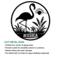 Flamingo metal sign feature graphic highlighting the circular cut-steel design and indoor or outdoor display use