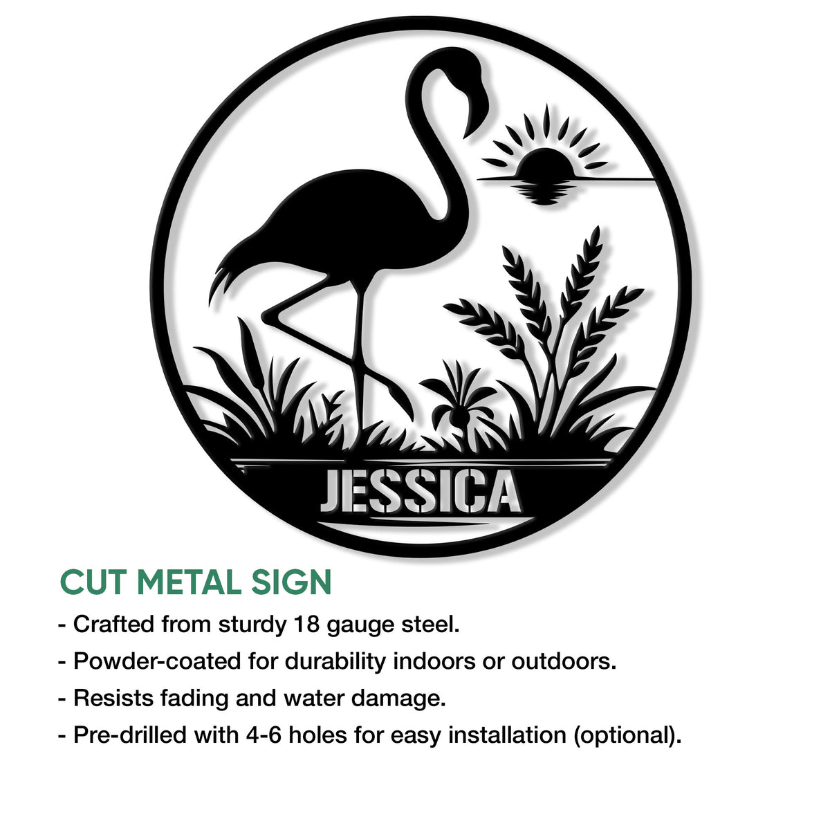 Flamingo metal sign feature graphic highlighting the circular cut-steel design and indoor or outdoor display use