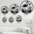 Flamingo metal sign size guide showing round design options from 8 by 8 inches to 24 by 24 inches