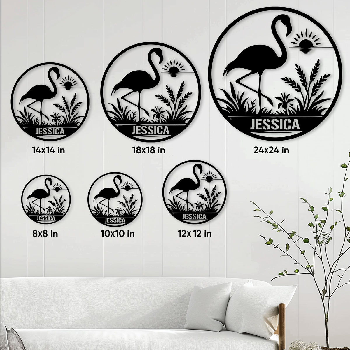 Flamingo metal sign size guide showing round design options from 8 by 8 inches to 24 by 24 inches