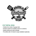 Backyard BBQ metal sign feature graphic showing the crossed spatula and fork design