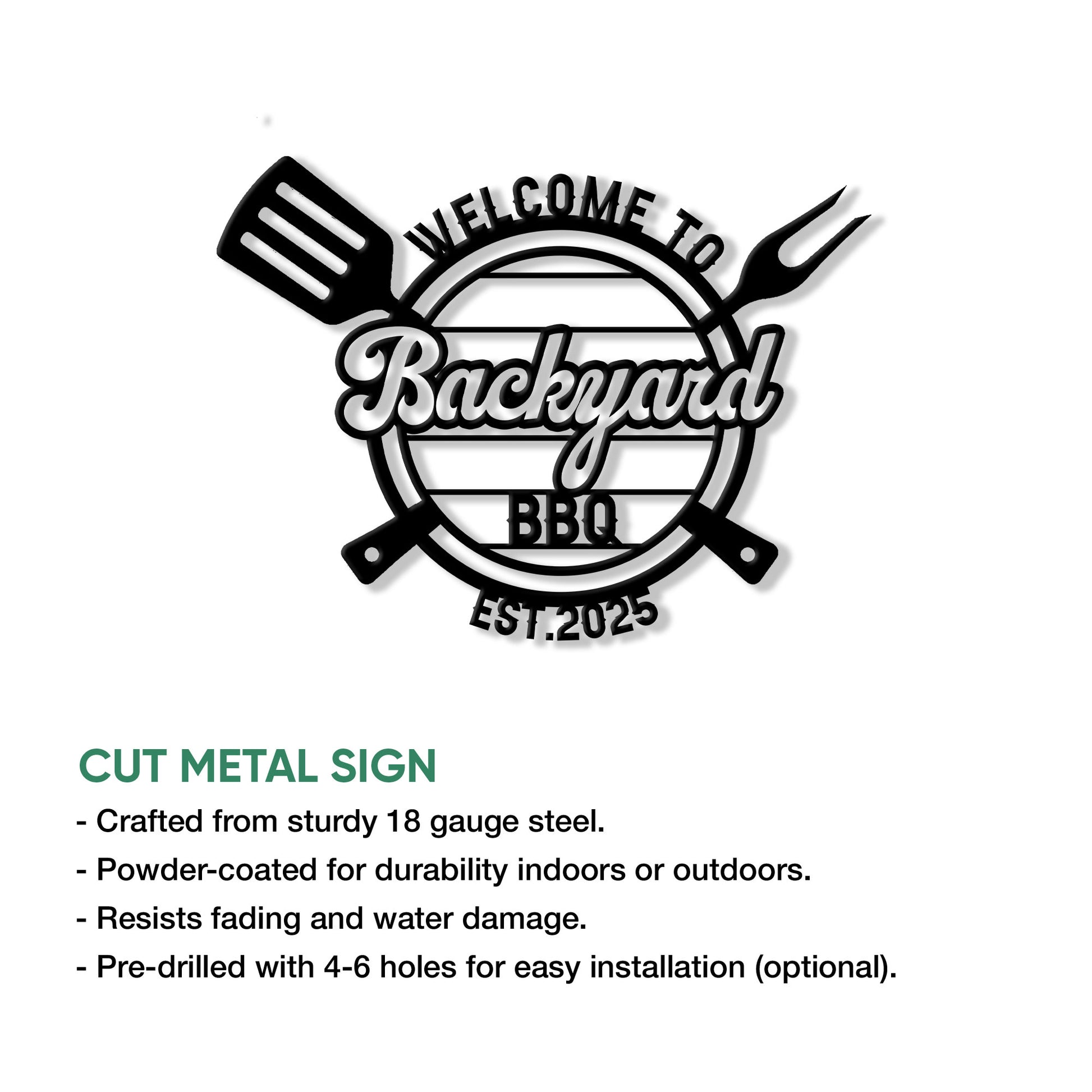 Backyard BBQ metal sign feature graphic showing the crossed spatula and fork design