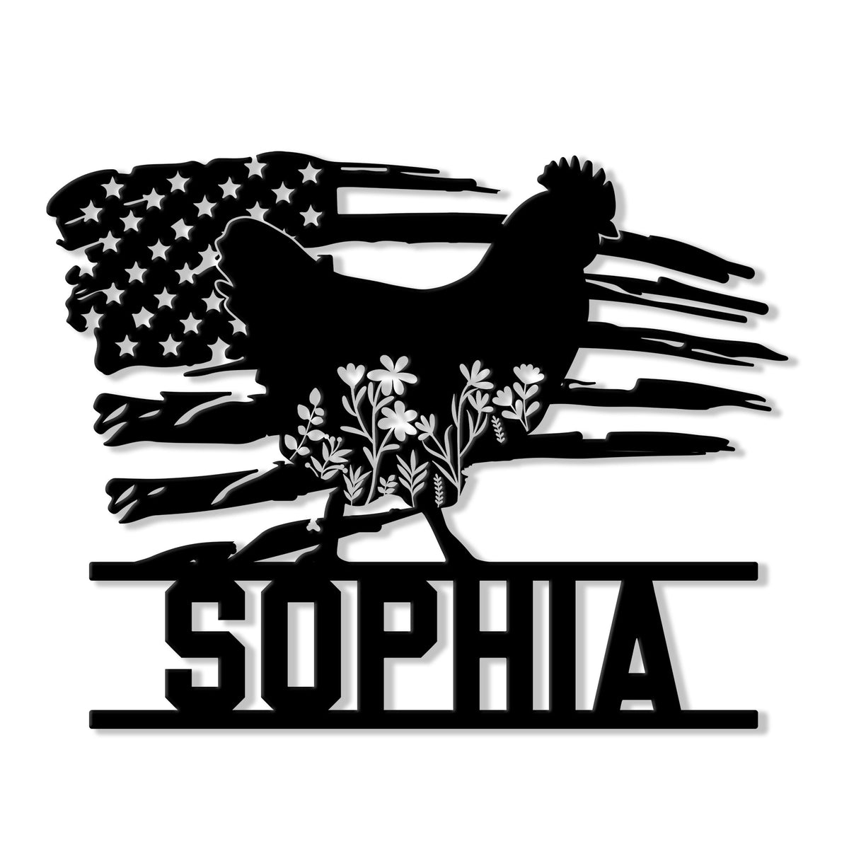 Patriotic chicken metal sign with an American flag silhouette, wildflowers, and bold farm-style lettering