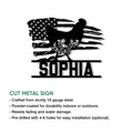 Patriotic chicken cut metal sign shown as a black silhouette with American flag details and floral accents