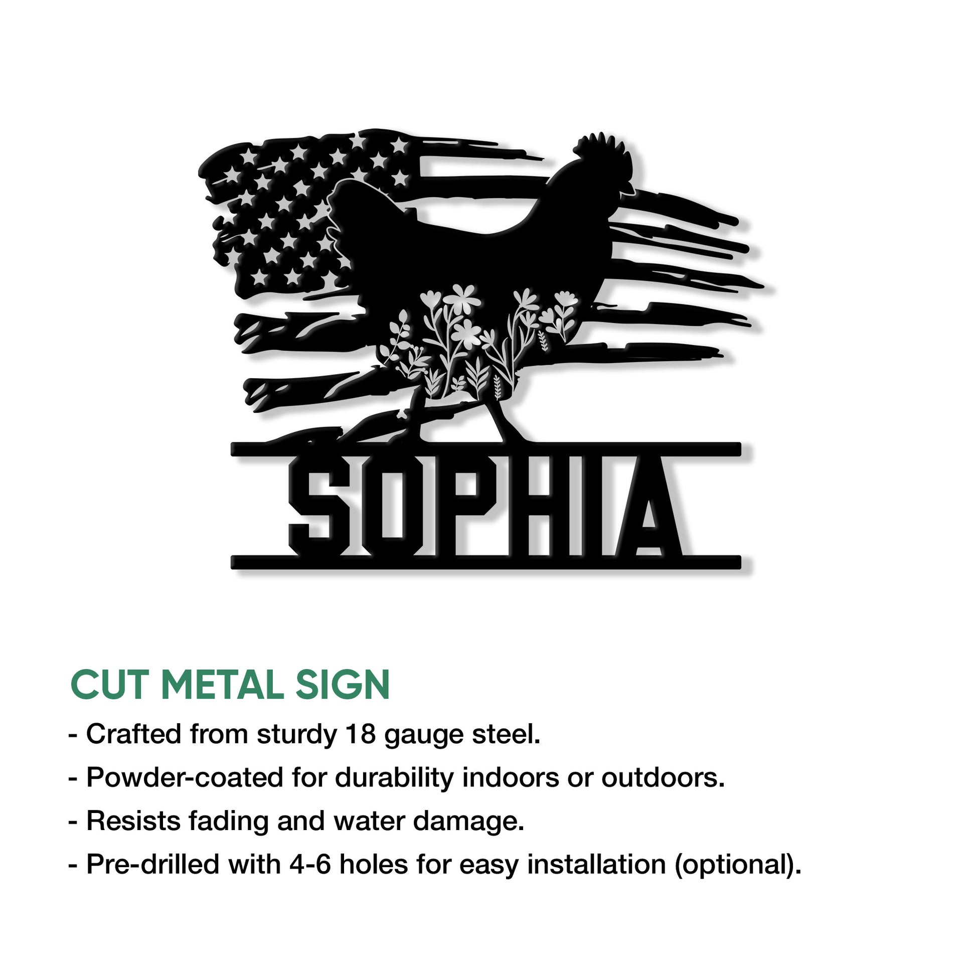 Patriotic chicken cut metal sign shown as a black silhouette with American flag details and floral accents