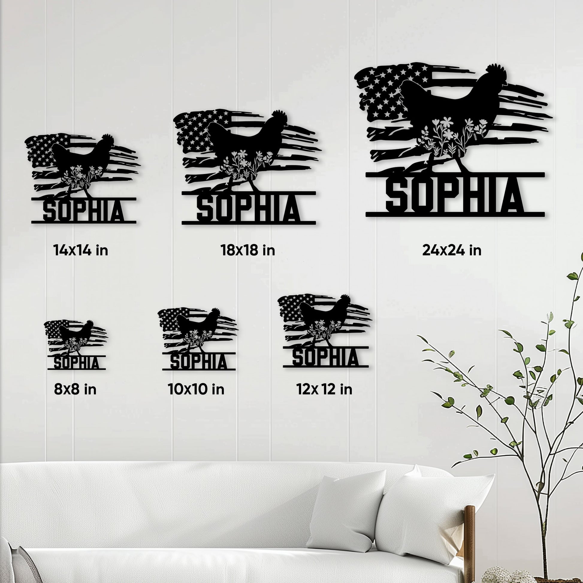 Chicken metal sign size guide showing available square sizes from 8 by 8 to 24 by 24 inches