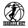 Custom basketball metal sign featuring a female player dunking inside a bold basketball silhouette