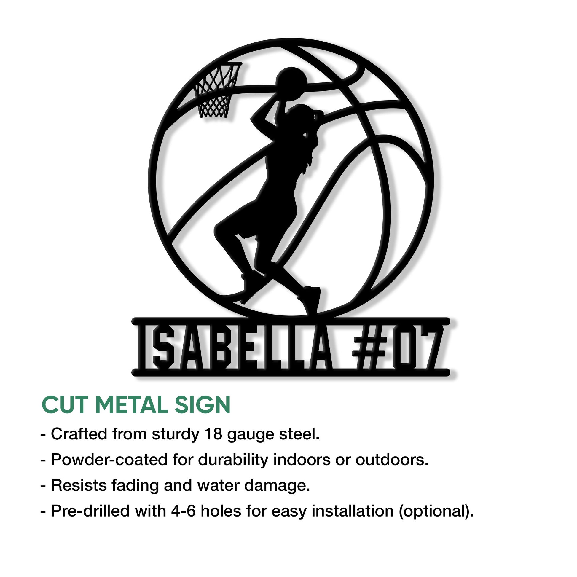 Basketball cut metal sign with a dynamic dunking player silhouette and installation feature details