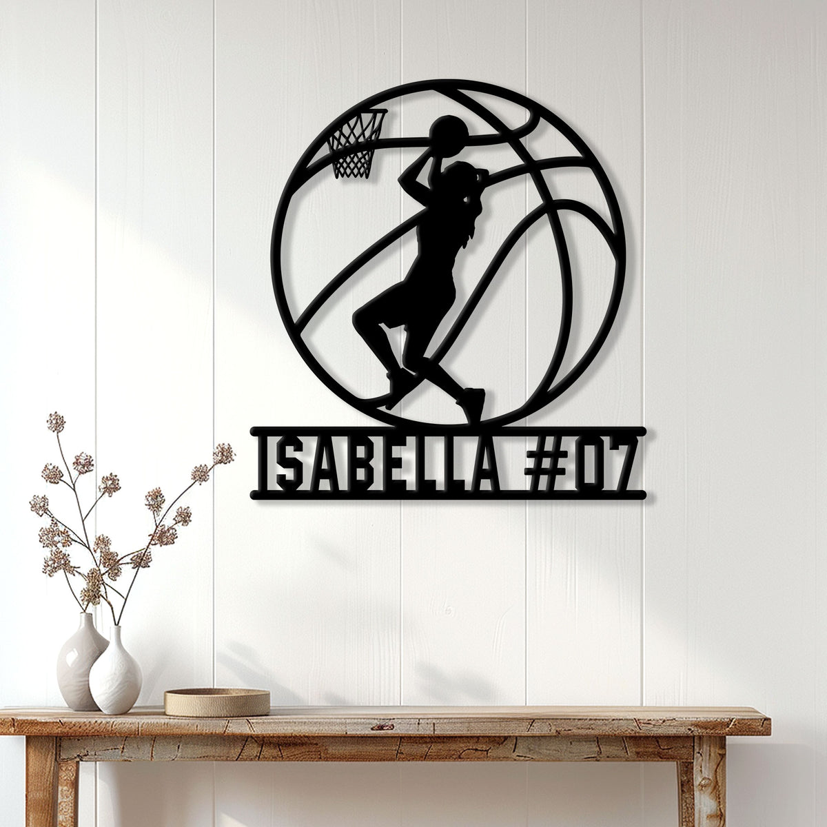 Basketball player silhouette metal sign displayed as stylish wall decor in a bright home interior