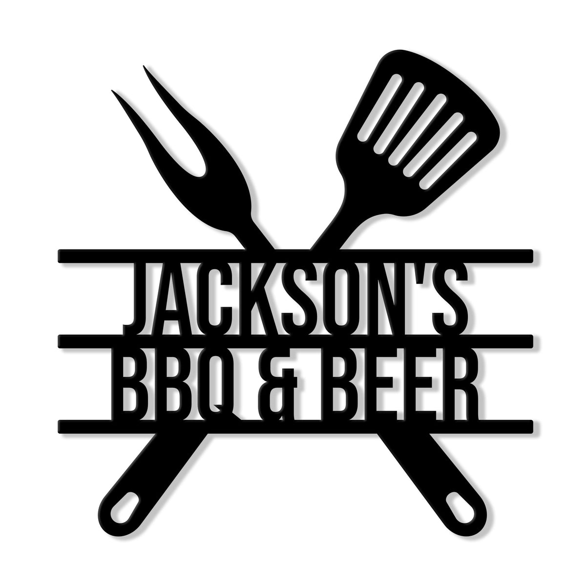Custom BBQ metal sign featuring crossed grilling fork and spatula artwork for barbecue decor