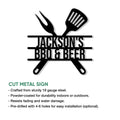 BBQ metal sign feature graphic showing crossed grilling utensils and cut-metal sign details