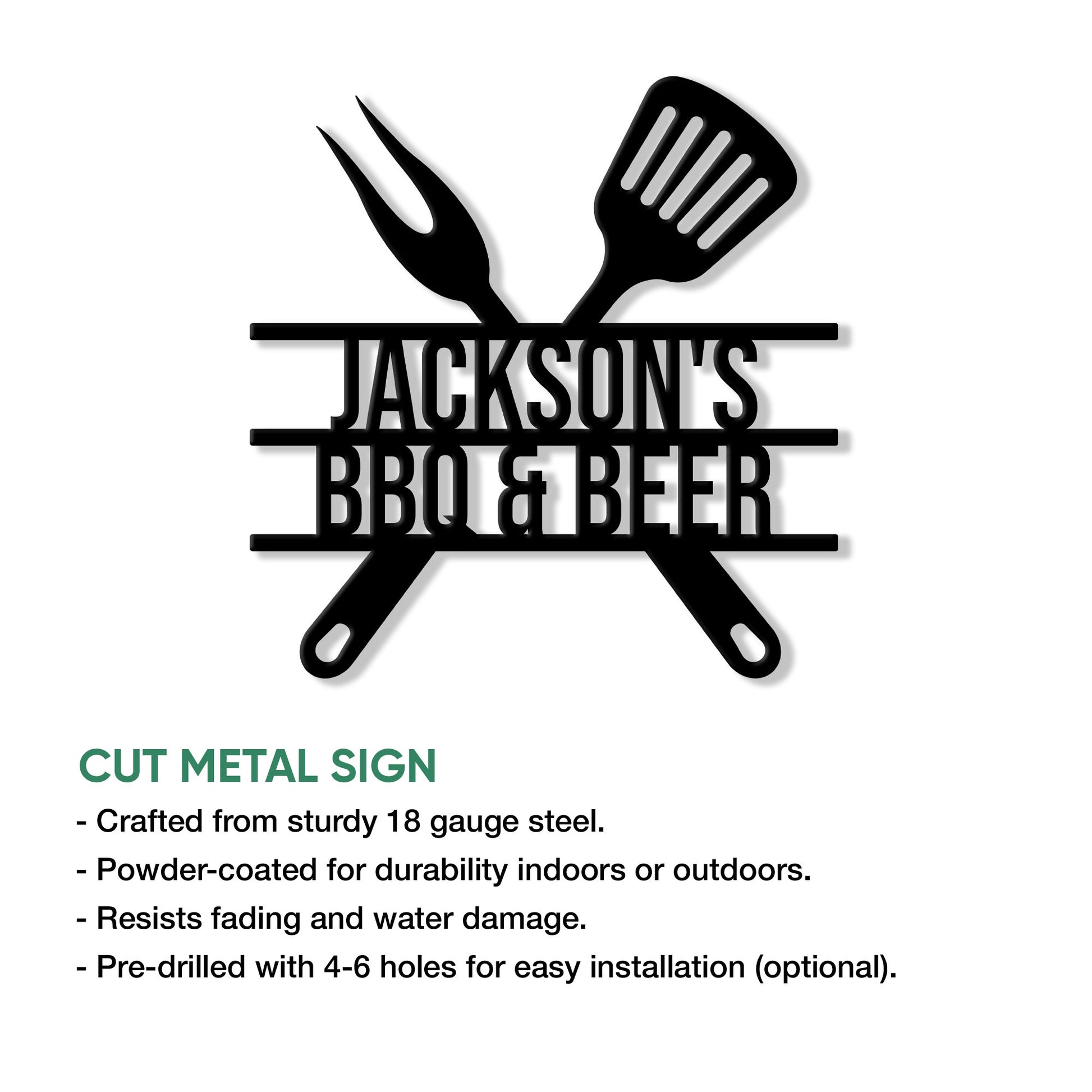 BBQ metal sign feature graphic showing crossed grilling utensils and cut-metal sign details