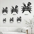 BBQ metal sign size guide showing six available square sizes in a living room setting