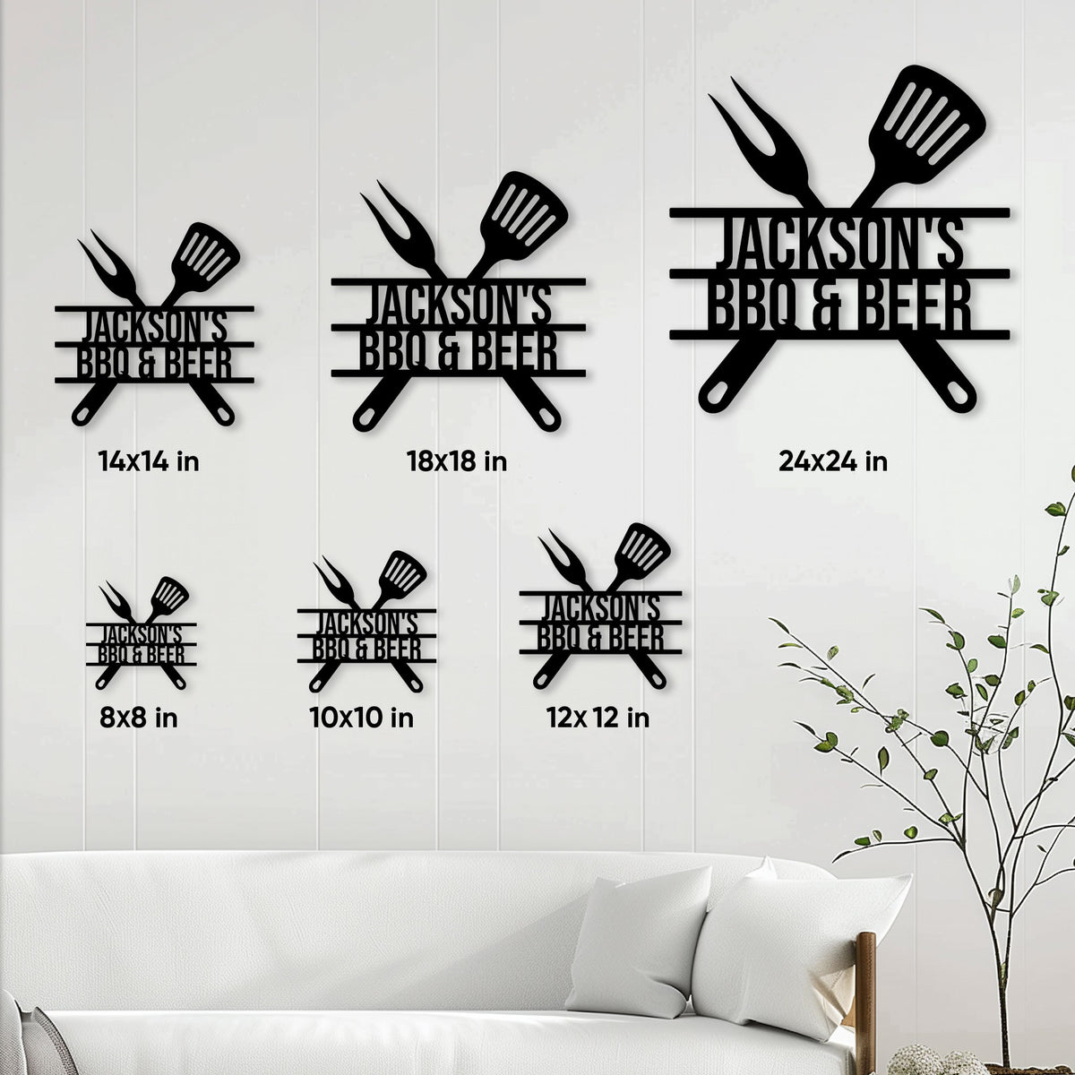 BBQ metal sign size guide showing six available square sizes in a living room setting