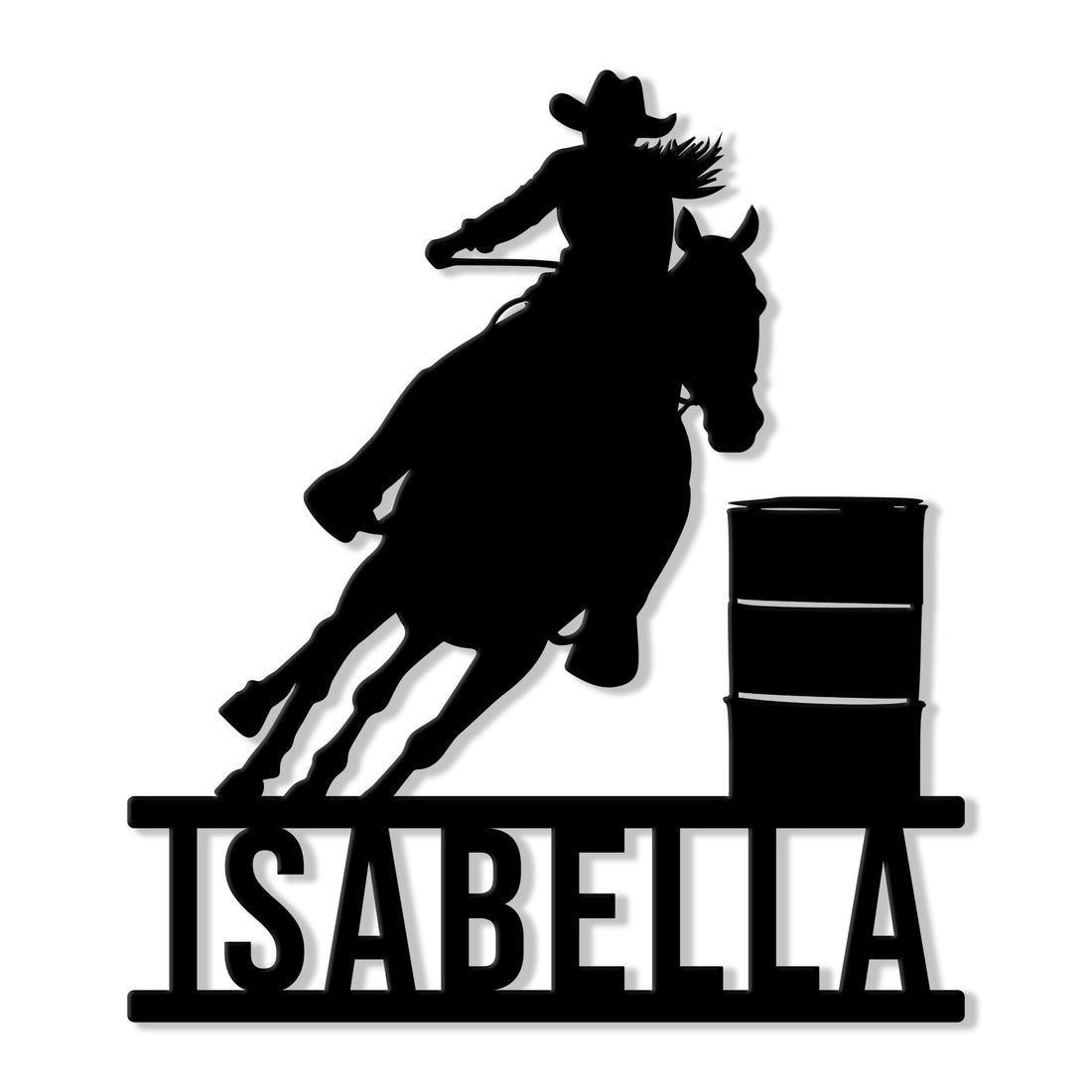 Barrel racing metal sign featuring a western rider and horse turning around a competition barrel
