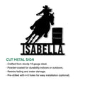 Barrel racing cut metal sign shown with product feature details and optional mounting holes