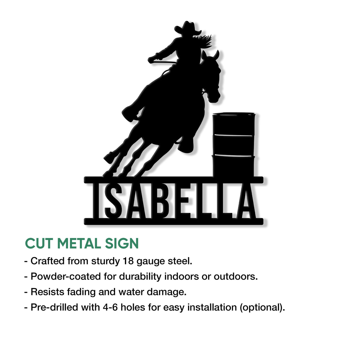 Barrel racing cut metal sign shown with product feature details and optional mounting holes