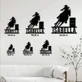 Barrel racing metal sign size guide showing six square size options from 8x8 to 24x24 inches