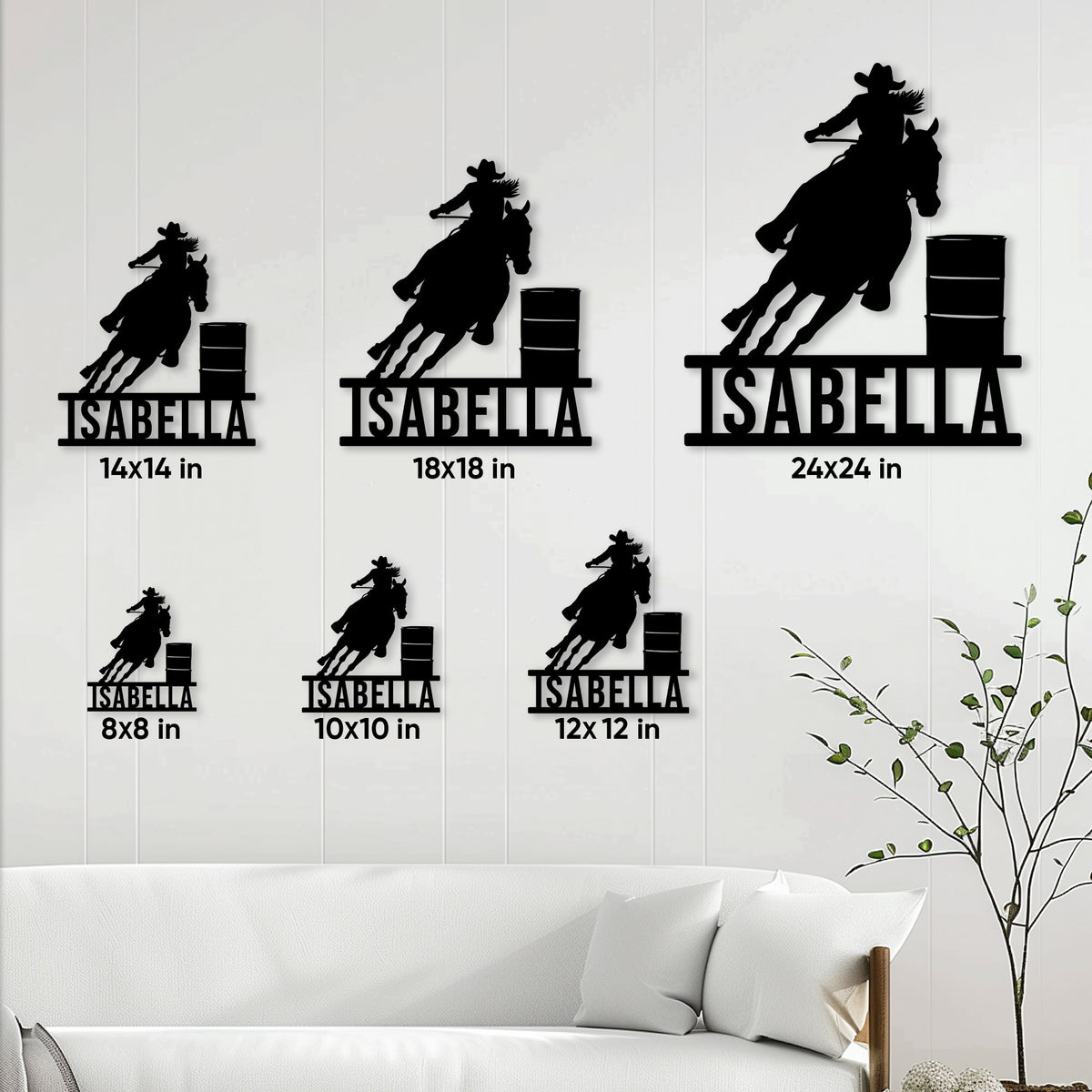 Barrel racing metal sign size guide showing six square size options from 8x8 to 24x24 inches