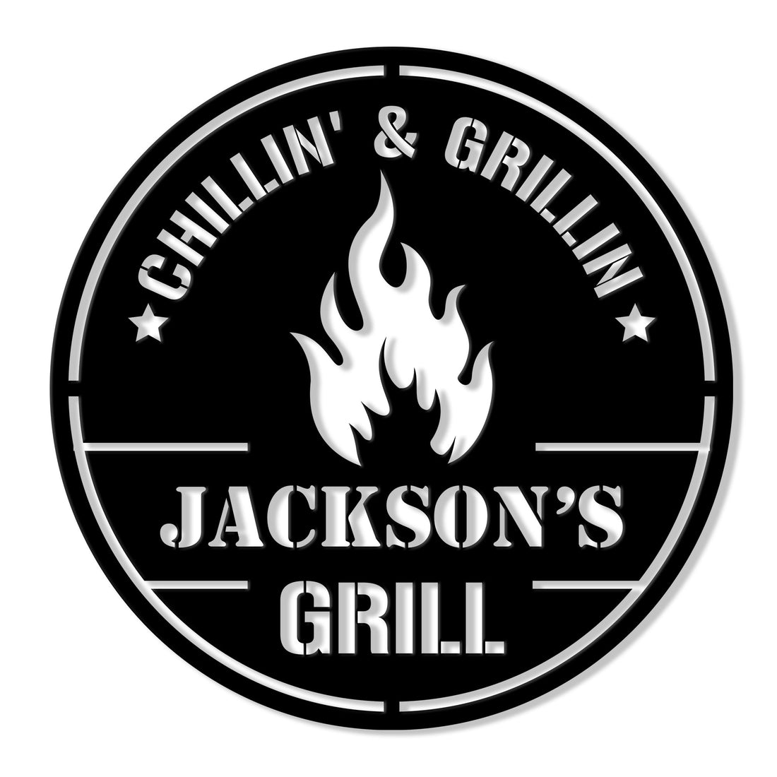 Round BBQ metal sign with a central flame graphic, bold grill design, and custom family-style artwork