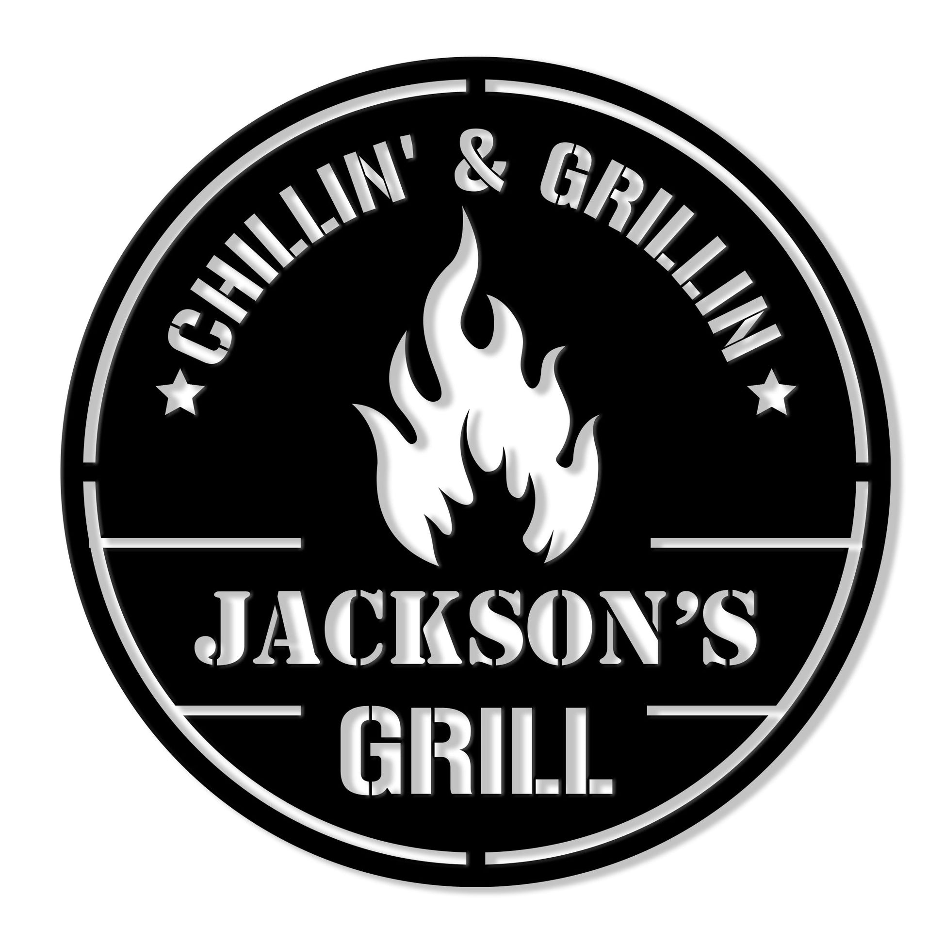 Round BBQ metal sign with a central flame graphic, bold grill design, and custom family-style artwork