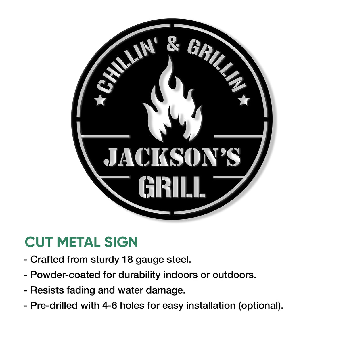 Black cut metal BBQ sign featuring a flame emblem and circular grill-themed design